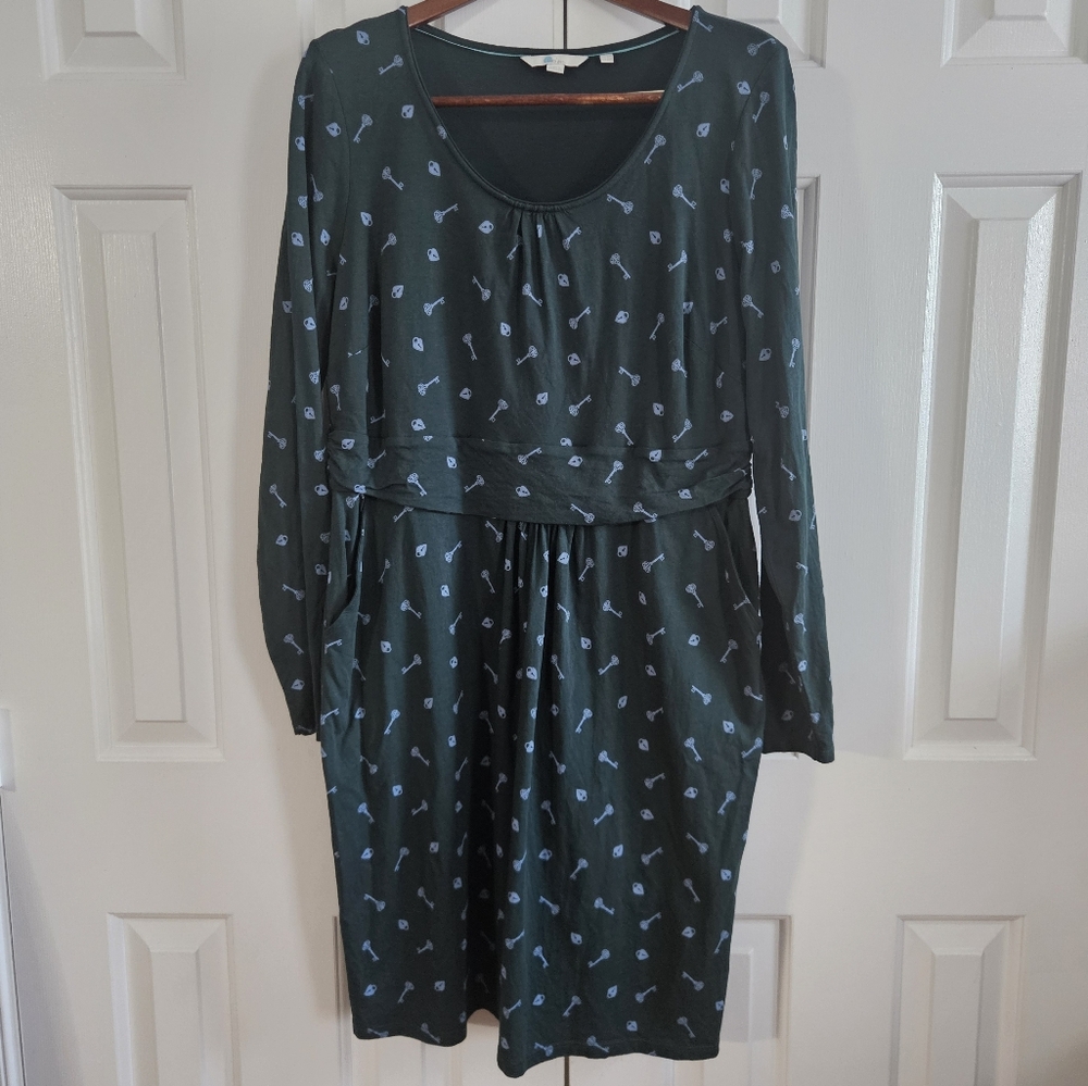 Boden Forest Green Long Sleeve Key-Print Dress